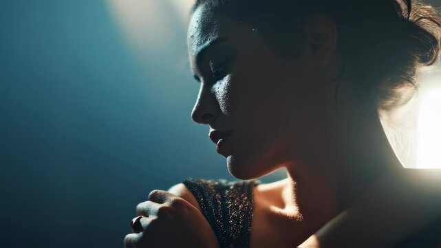 Young woman with glitter makeup posing in profile under dramatic lighting, embracing herself thoughtfully, creating a moody and cinematic atmosphere