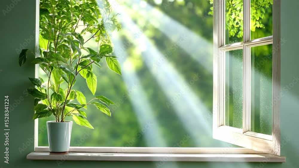 Poster open window to nature's embrace: sunlight streams through an open window, illuminating a potted plan