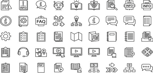 Information, support icon set. Vector glyph pictograms of help center, documentation, knowledge base, book, document, speech bubble, FAQ, chatbot, tutorial