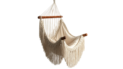 A cozy macrame hammock chair, offering relaxation and bohemian aesthetic. This image invites viewers to imagine a tranquil outdoor space.