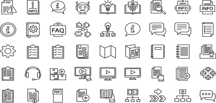 Information, support icon set. Vector glyph pictograms of help center, documentation, knowledge base, book, document, speech bubble, FAQ, chatbot, tutorial