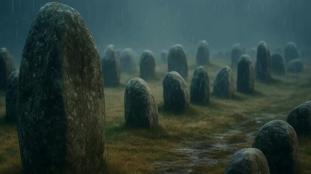 Menhir alignment of standing stones in dramatic rain with atmospheric lighting. Ancient megalithic site showcasing prehistoric stone arrangement and ceremonial landscape under stormy weather.
