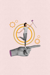 Image zine trend photo collage of happy businessman businesswoman stand human hand point index finger development gears progress