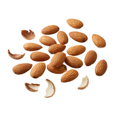 A scattering of roasted almonds with some cracked shells showcasing natural texture and warm brown tones, Isolated Transparent Background