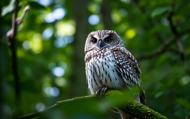 Obraz premium Close-up of a wild owl on mossy branch with soft forest background, symbolizing wildlife conservation, 8K ultra-clear mirrorless photo style, no humans, sharp and natural.