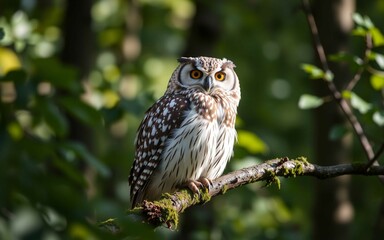 Close-up of a wild owl on mossy branch with soft forest background, symbolizing wildlife conservation, 8K ultra-clear mirrorless photo style, no humans, sharp and natural.