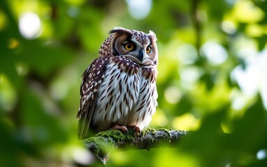 Obraz premium Close-up of a wild owl on mossy branch with soft forest background, symbolizing wildlife conservation, 8K ultra-clear mirrorless photo style, no humans, sharp and natural.