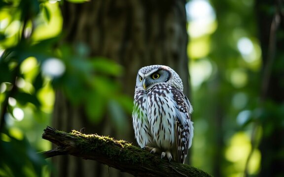 Close-up of a wild owl on mossy branch with soft forest background, symbolizing wildlife conservation, 8K ultra-clear mirrorless photo style, no humans, sharp and natural. - Powered by Adobe
