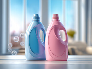 Two plastic containers with laundry detergent stand in a room on a window against the sky