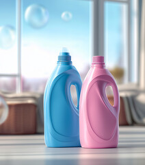 Two plastic containers with laundry detergent stand in a room on a window against the sky