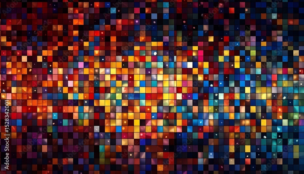 Poster pixelated grid evolving into photorealistic imagery, generative ai seamlessly blending low-res fragm