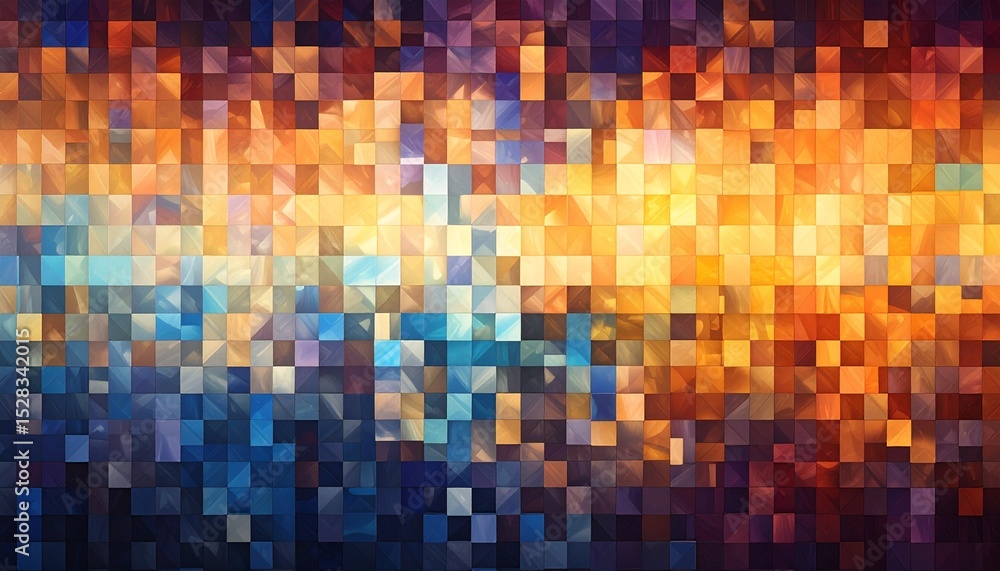 Poster pixelated grid evolving into photorealistic imagery, generative ai seamlessly blending low-res fragm