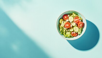 Fresh salad in light teal bowl