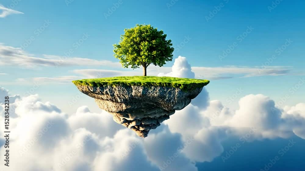 Poster floating island with tree: a single, lush green tree stands proudly on a small, floating island amid