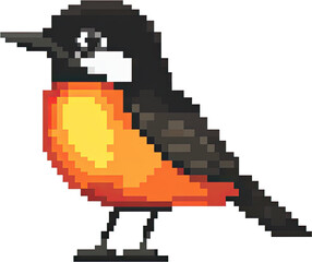 Pixelated depiction of an orange and black bird.