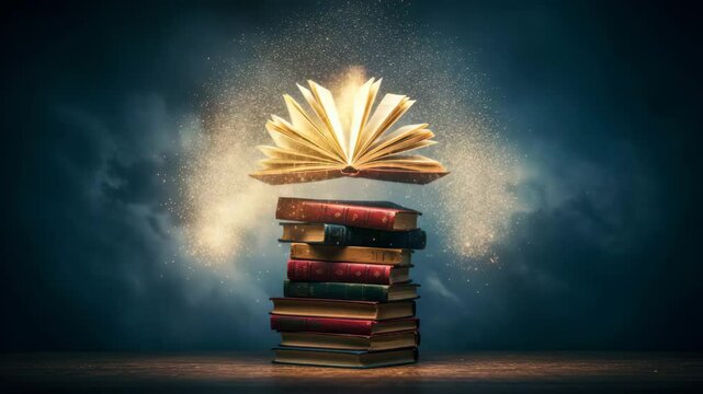 Open book floating above stacked novels with magical spark effects  