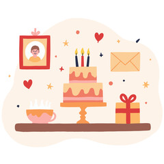 Happy retirement celebration with presents and cake. Greeting cards and wrapped gifts for retired person. Table full of retirement memories and joy. Elderly set