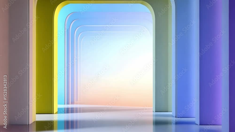Poster chromatic pathways: an abstract corridor of archways in a spectrum of pastel colors, drawing the eye