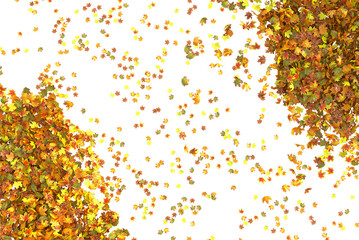 A frame made of two piles of autumn maple leaves, yellow mixed with green, and loose leaves in between. 3D illustration on transparent background.
