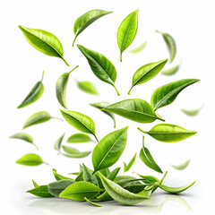 Obraz premium Green tea leaves falling gracefully isolated on white