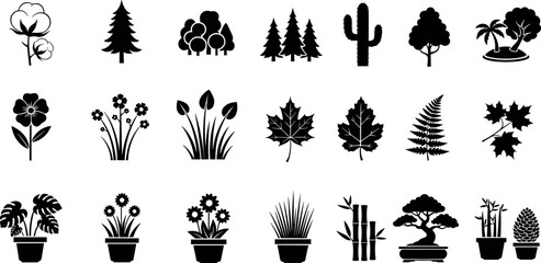  Plant, tree icon set. Vector glyph pictograms of leaf, cactus, bamboo, bonsai, nature, ecology, and landscaping concept, monstera maple