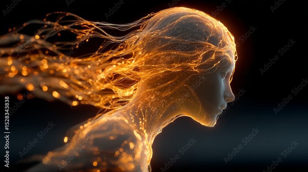 Aufkleber glowing humanoid form emerges from the void, radiating warmth and intelligence through flowing orang