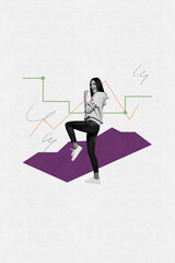 Abstract surreal collage young girl raise fists up triumph on white color background with lines