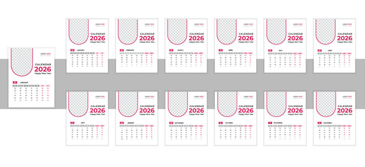 Unique modern colorful 2026 new year calendar design.New Calender design template 2026 vactor design wall calender12 month.Wall calendar design template for 2026, minimalist, clean, and elegant design