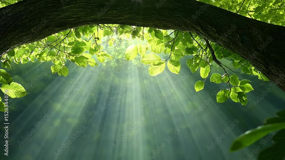 Poster Sunlit Canopy: Sunlight streams through a lush green canopy, illuminating the forest with ethereal light, creating a serene and magical atmosphere.