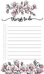 set of note papers, to-do lists, sticker templates decorated with Magnolia, trendy planner or organizer. flat vector