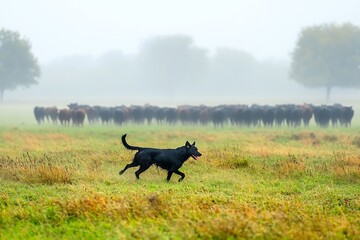 Brave Mudi herding cattle on rainy Hungarian plains