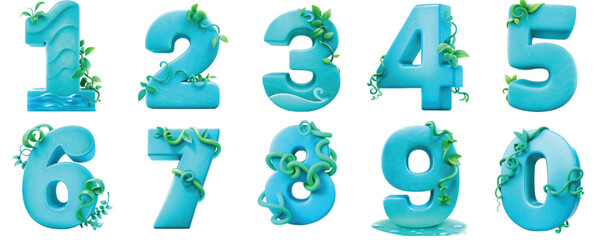 Colorful water-themed numbers with greenery on a white background  