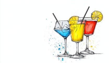 A vibrant illustration showcases three hand-drawn cocktails; a blue, yellow, and red drink in elegant glasses with ice and garnishes; perfect for bar menus, restaurant