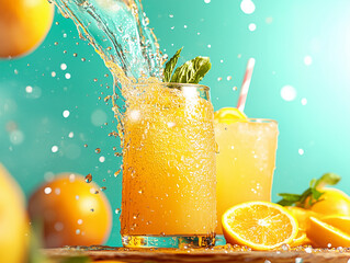a glass of freshly poured orange juice, with golden splashes cascading down its sides, capturing the essence of freshness and energy. The glass sits on a rustic wooden board,