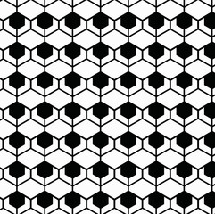 black and white geometric seamless pattern, hexagons and truncated squares or octagons, geometric forms, creating a repeating, honeycomb-like structure,