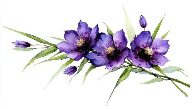 A vibrant watercolor painting showcases a delicate arrangement of purple ironweed flowers and buds gracefully arranged on slender green stems against a clean white background.