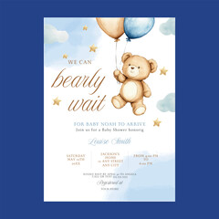 Boy Teddy Bear We Can Bearly Wait Baby Shower Invitation