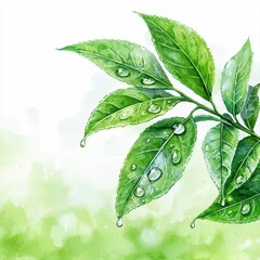 A vibrant watercolor painting depicts dew drops clinging to lush green leaves against a softly blurred background perfect for refreshing design copy space.