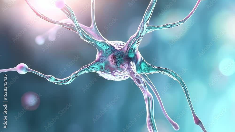 Poster Abstract Neuron: A highly detailed, close-up view of a neuron cell, rendered with a focus on its intricate structure and vibrant colors.