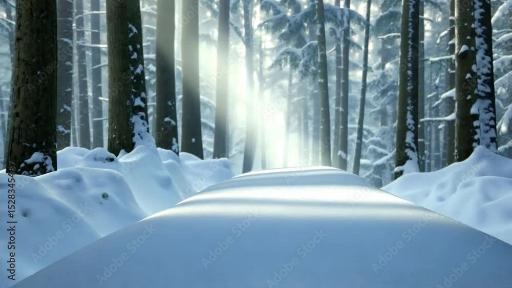 Aufkleber snowy forest path: sunlight streams through snow-laden pine trees, illuminating a path winding throu