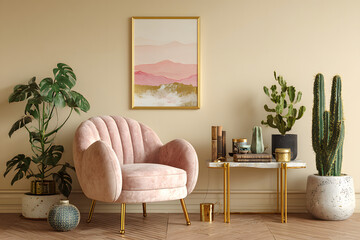 Retro interior design of living room with stylish vintage chair and table, plants, cacti, personal accessories and gold mock up poster frame on the beige wall. Elegant home decor. Template.