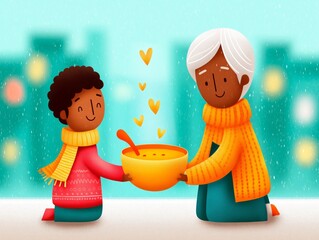 Colorful illustration of a joyful child and an elderly person sharing a bowl of soup, surrounded by hearts, representing warmth, love, and community spirit in a cozy atmosphere