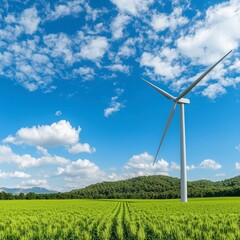 Obraz premium A single wind turbine stands tall in a vast agricultural field under a vibrant blue sky dotted with fluffy white clouds, showcasing a harmonious blend of renewable energy and rural