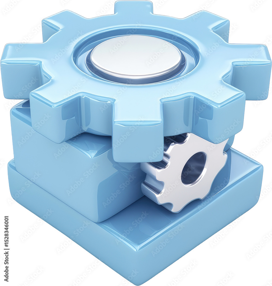 Poster light blue gears and blocks in a 3d rendering.