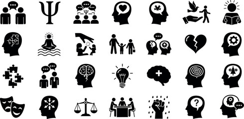 Psychology and mental health icon set. Vector glyph pictograms of brain, discussion, meditation, therapy, support group, therapy, mindfulness, emotional well-being 