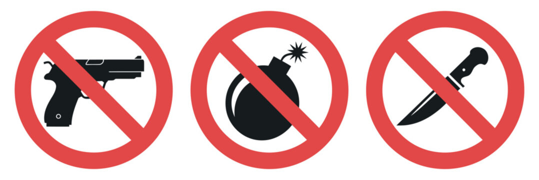 Prohibited Items Sign with Gun Bomb and Knife Depicting No Weapons Allowed Violence Prevention and Safety Regulations in a Restricted Area
