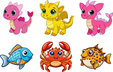 3D cartoon cute Dinosaur, fish and Crab vector isolated on white background.