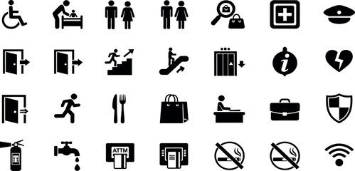 Public space wayfinding glyph icon set. Vector pictograms of navigation, emergency, escalator, elevator, stairs, info desk, extinguisher, food court