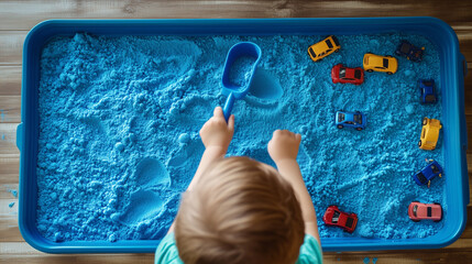 Child Engaging with Blue Kinetic Sand and Toy Cars in Sensory Play Activity. Image made using Generative AI.