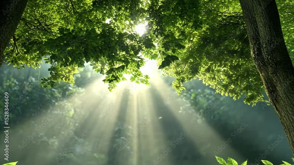 Poster Sunlit Forest Canopy: Sun rays stream through a dense forest canopy, casting ethereal beams through the lush greenery.